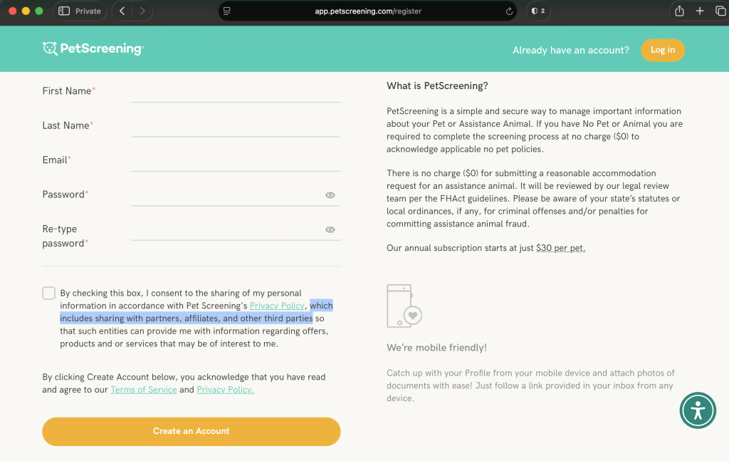 To: Greystar & PetScreening ... I REFUSE to be Group RAPED cascading and continuously for ANY reason! by consenting to the sharing of my personal information in accordance with Pet Screening's Privacy Policy, which includes sharing with partners, affiliates, and other third parties.